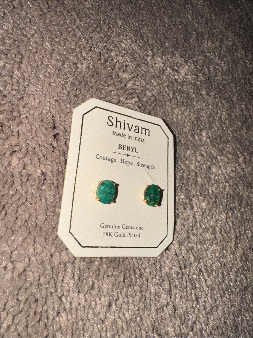 Shivam Beryl Genuine Gemstone 18K Gold Plated Stud Earrings Made In India - Picture 2 of 4